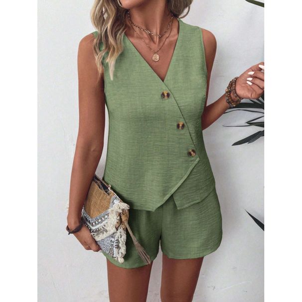 Women's Clothing Summer Suit Fashion Casual V Neck Irregular Vest Shorts Suit_ecoleips.com