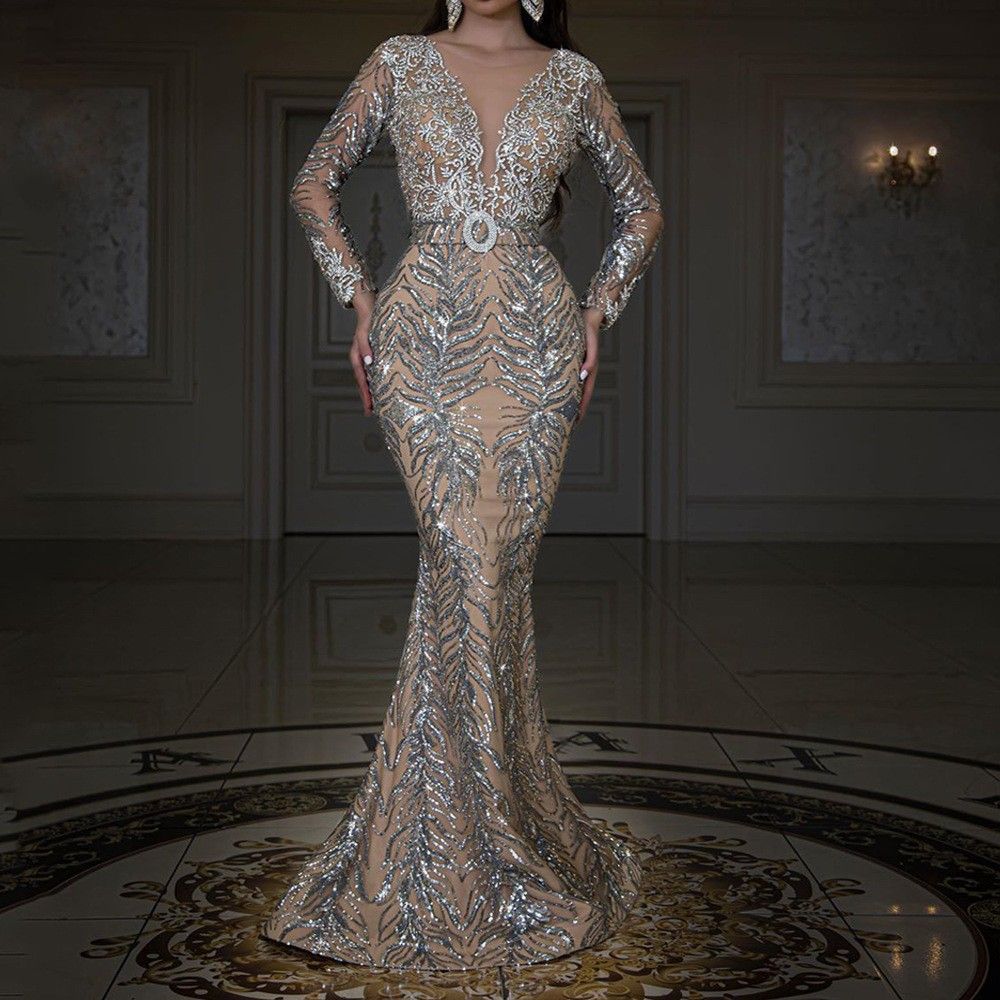 Women’s Clothing New Dress Gold Stamped Long Sleeved Slim Sexy Fishtail Floor Length Evening Dress_ecoleips.com