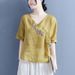 Thin Cotton-Linen Top For Women, Featuring A Traditional Ethnic Design With Retro Olive Wood Buttons, A Diagonal Front O_ecoleips.com