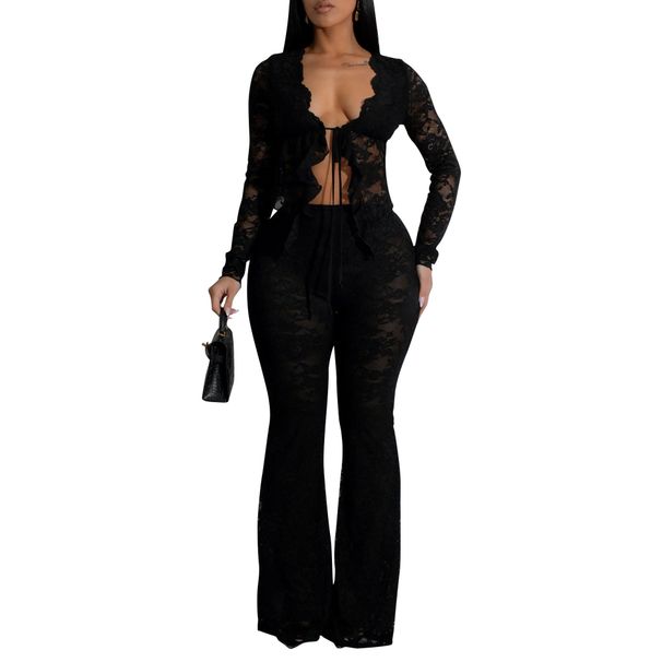 AL311 Women's Sexy Lace Flocked Set See-through Two-piece Nightclub Party_ecoleips.com