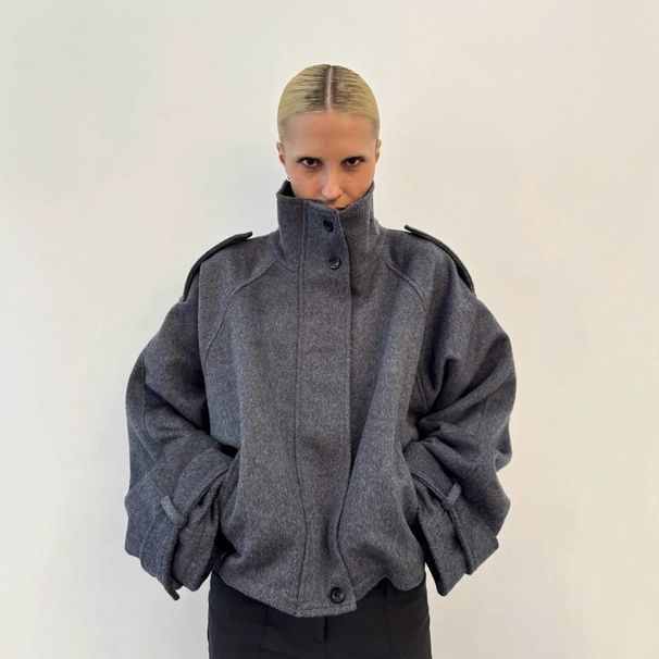 Aria Basics Cross-Border European And American High-Quality Elegant Gray Stand Collar Woolen Coat For Women Autumn Winter Loose_ecoleips.com
