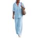 women's clothing bohemian style cotton linen long sve wrap top & wide leg pants set – casual comfort for women (black, y green, wine red)_ecoleips.com