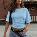 Summer Solid Color Women's T-Shirt Crew Neck Short Sleeve Slim Waist Gathered American Style_ecoleips.com