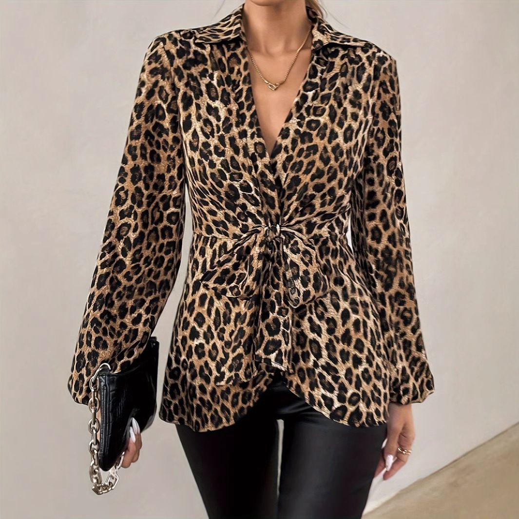 Women's Clothing long sleeved tops spring new leopard print lace up V neck temperament long sleeved shirt_ecoleips.com