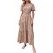 Women's Short Sleeve Round Neck Ruched Elastic Waist Layered Long Skirt Summer Bohemian Floral Flared Sundress_ecoleips.com