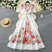 Women's Clothing Elegant Deep V-Neck Single-breasted Flying Sleeve Waist Large Swing Printed Holiday Dress_ecoleips.com