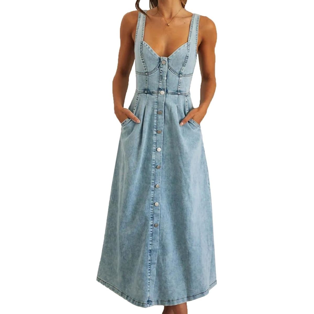 Women's Summer Blue Denim Distressed Overalls Single Breasted Button Midi Dress Casual Vintage Style_ecoleips.com