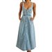 Women's Summer Blue Denim Distressed Overalls Single Breasted Button Midi Dress Casual Vintage Style_ecoleips.com