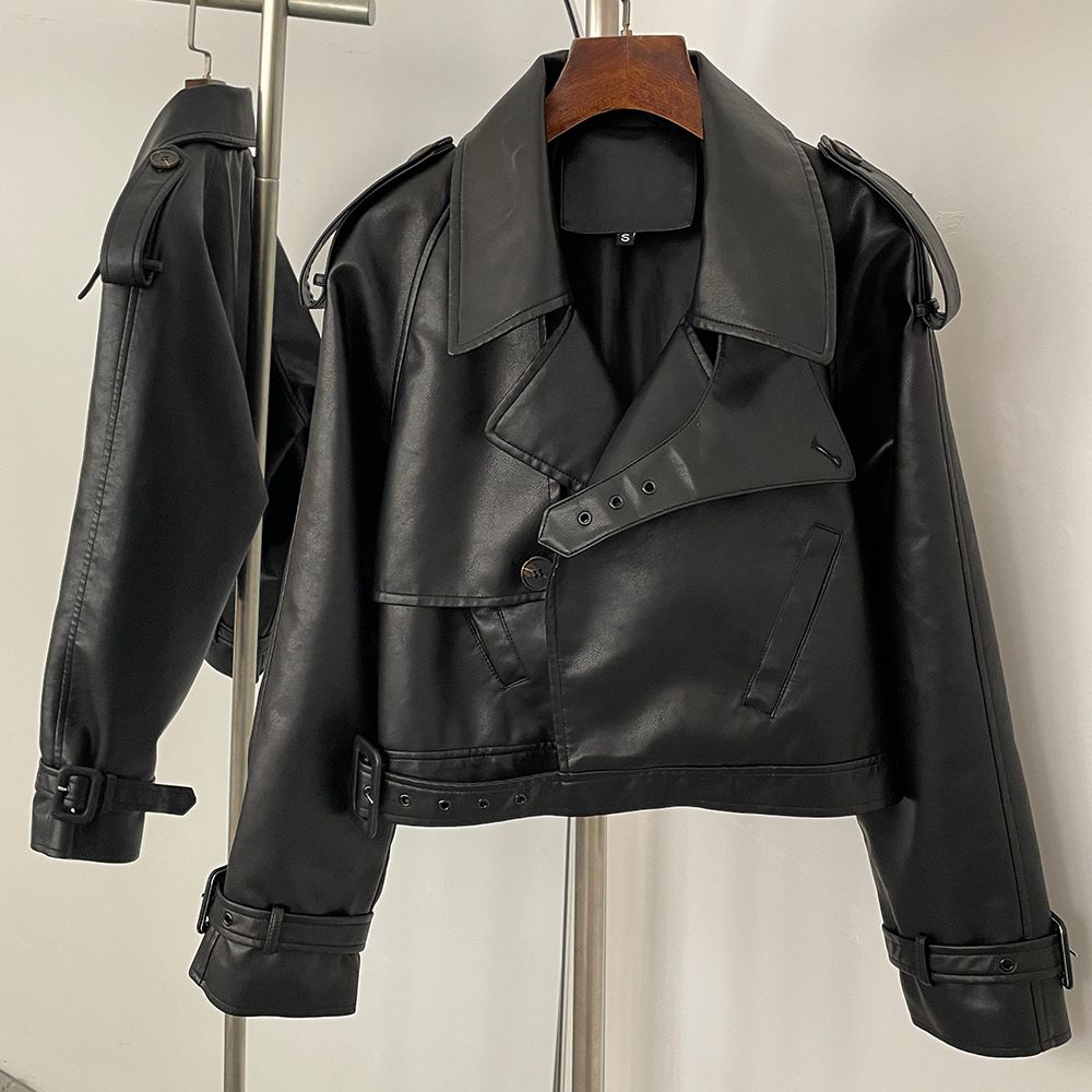 Women's Leather Jacket - Trendy Biker Style Coat With Zipper & Pockets, Loose Fit, Black & Burgundy, XS/S/M/L_ecoleips.com