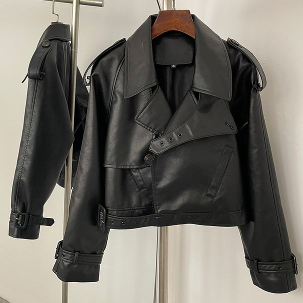 Women's Leather Jacket - Trendy Biker Style Coat With Zipper & Pockets, Loose Fit, Black & Burgundy, XS/S/M/L_ecoleips.com