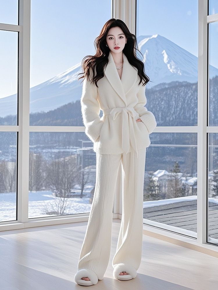 FL240912 New Women's Autumn And Winter Elegant High-End Fashion White Sweater Knit Pants Set_ecoleips.com