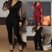 new solid color V neck mesh slim long sleeved jumpsuit trousers large stock_ecoleips.com