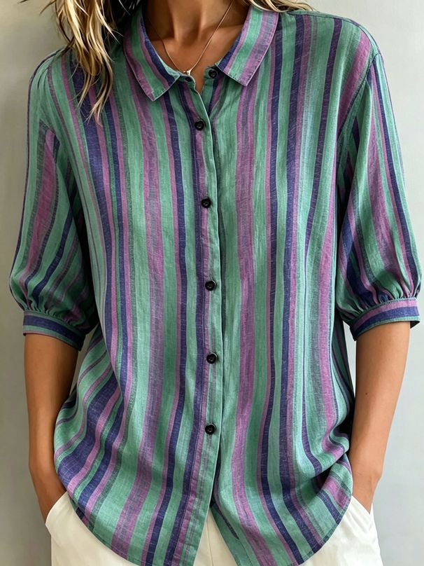 Women's Clothing Women's Color Block Striped Shirt Lapel Single Breasted Mid Sleeve Top_ecoleips.com