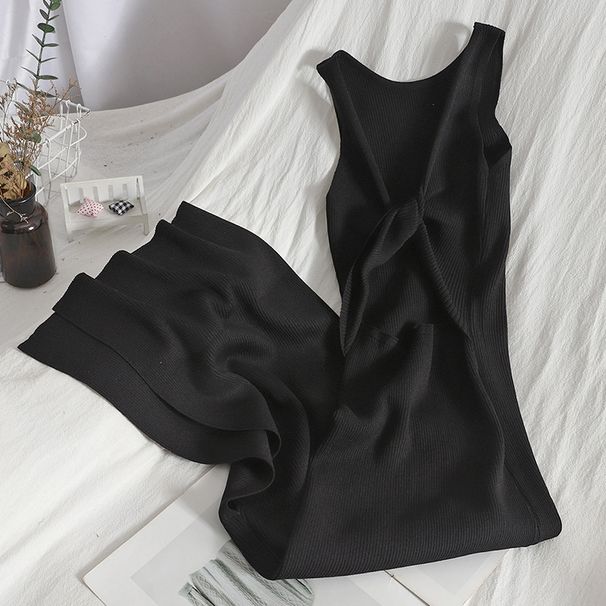 Women's Clothing Hollow Sexy Slim Hip Hugging Skirt Slit Knitted Long Skirt Summer Solid Color Sleeveless Dress_ecoleips.com