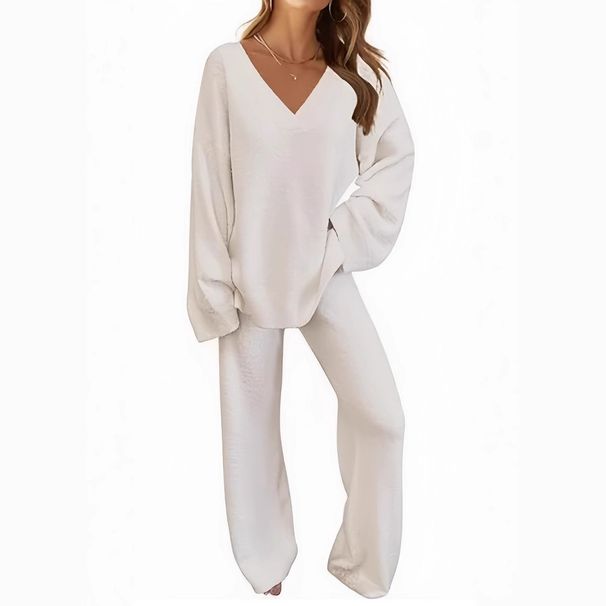 Women's V-Neck Sweater & Pants Set – Cozy Loose Fit For Autumn & Winter (XS-XL, Burgundy/Navy Blue/White/Light Purple/Black/Camel)_ecoleips.com