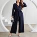 Plus Size Women's Jumpsuit – Sexy V-Neck Tie-Waist Glitter Wide Leg Palazzo Pants, High Waist Loungewear For Work & Party (0XL-4XL, Navy Blue)_ecoleips.com