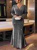 Women Plus Size LongSleeve VNeck Silver Glitter Knit Mermaid Maxi Dress Glam Sexy Summer Elegant Party NightOut Flattering Dress_ecoleips.com