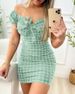 2022 Spring Summer New Plaid Print Off-Shoulder Sexy Bodycon Short Dress Women's Clothing_ecoleips.com