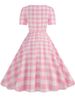 Pink Plaid Swing Party Dresses Women Elegant Vintage Square Collar Short Sleeve Casual Summer Dress_ecoleips.com