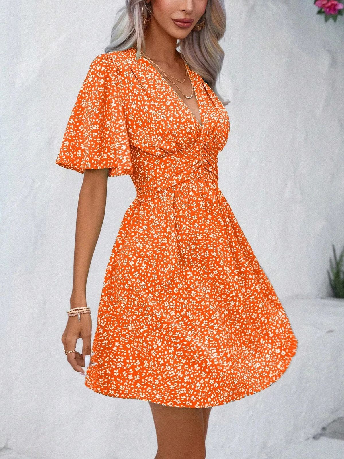 Women's Clothing Summer New V Neck Mid Sleeve Printed High Waist Floral Pleated Dress_ecoleips.com