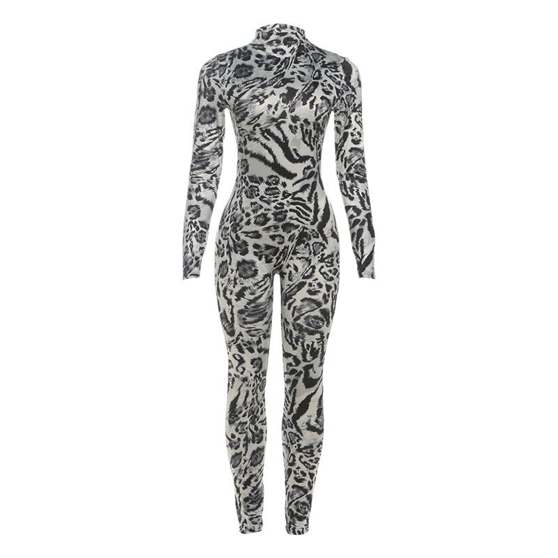 Women's Fashion Leopard Print Jumpsuit European And American Style Autumn Winter Slim Fit High Neck Long Sleeve Sports Romper_ecoleips.com