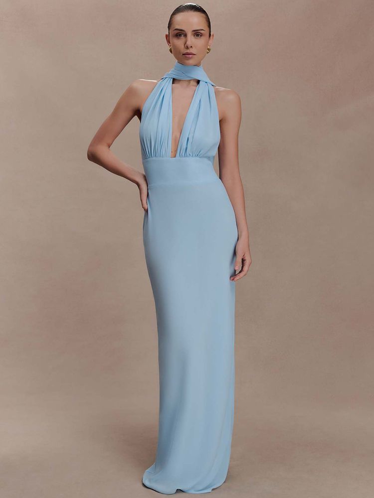 Mozision Polka Dot Backless Sexy Maxi Dress Women Elegant Halter Deep V Neck Sleeveless Bodycon Split Club Party Long Dress_ecoleips.com