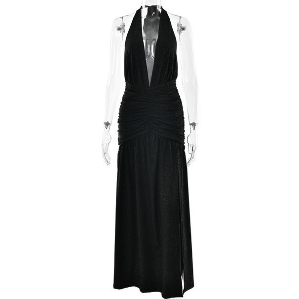 Elegant Halter Neck Silk Dress – Backless V-Neck Slit Maxi Dress For Evening & Special Occasions_ecoleips.com