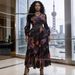 Women's V-Neck Slimming Dress Pleated Waist Long Sleeve Printed Style For Vacation Long Skirt_ecoleips.com
