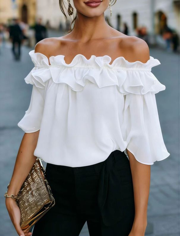 Women's Clothing Women's Flutter Sleeve Off-Shoulder Blouse In Soft Pink, Romantic Summer Casual Top_ecoleips.com
