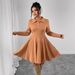 Women's Clothing Plus Size Clothes"Elegant Caramel A-Line Long Dress – High Waist & Slimming Long Sleeves, Autumn/Winter Women's Dress_ecoleips.com