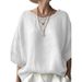 2026 Solid Color Comfortable And Casual Versatile Crew Neck Cotton And Linen Shoulder Loose Large Size Women's Clothing_ecoleips.com