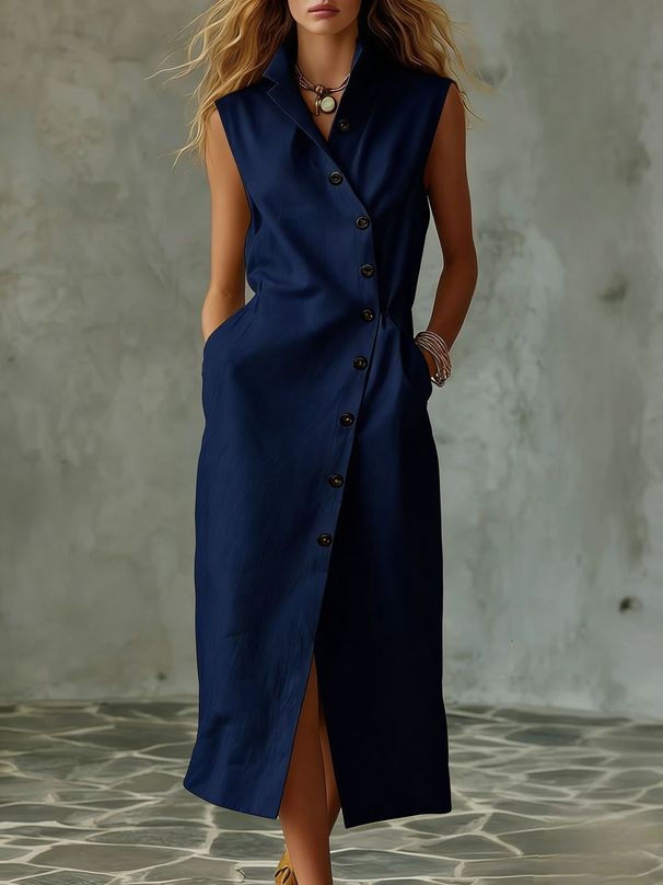 Women's Slim Fit V Neck Sleeveless Dress American Style Stand Collar Single Breasted Summer New Clothing_ecoleips.com