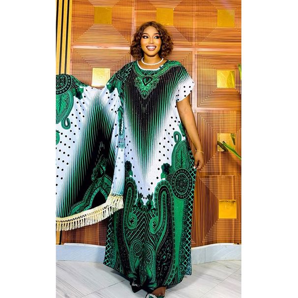 African Women's plus Size Robe Long Dress with Printed Rhinestones Cross Border Style with Headscarf_ecoleips.com