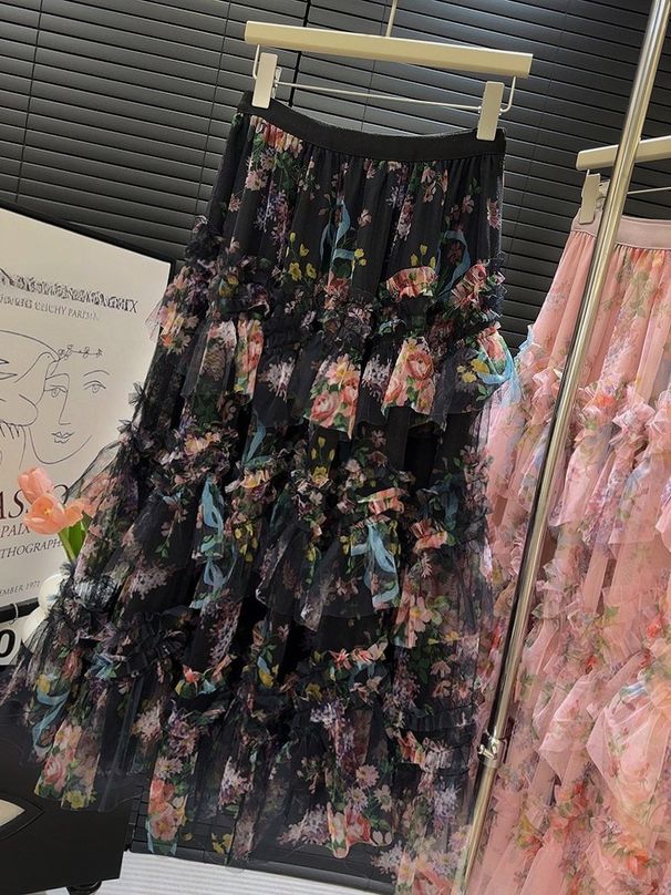 K Heavy Industry Splicing Printed Mesh Cake Skirt Half Skirt Women's New Floral Puff Long Skirt_ecoleips.com