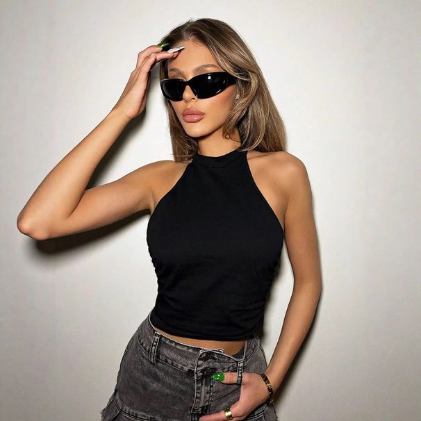 Chic Halter Neck Backless Cami Top With Tie Detail For A Sleek Look Soft And Smooth Fabric Versatile Short Length_ecoleips.com