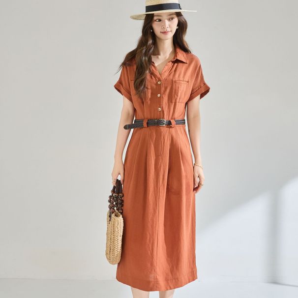 26 Summer New Lyocell+Linen French Workwear Collar Slimming Elegant Waist-Cinching Shirt Dress 22808_ecoleips.com