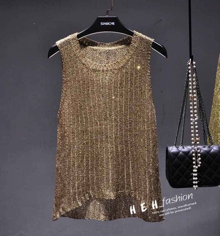 Women's Sparkle Knit Sleeveless Top – Slim Fit Shimmer T-Shirt (Gold/Pink/Black, One Size) | Casual & Party Wear_ecoleips.com