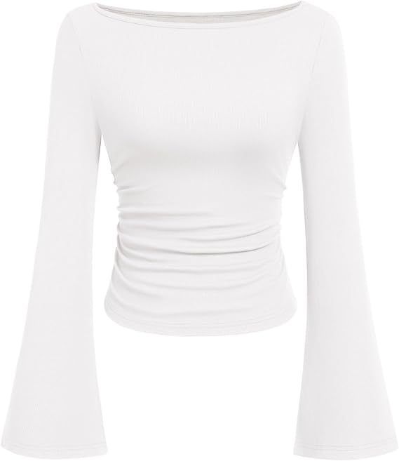 American Spice Girl Solid Color Boat Neck Flared Sleeve T-Shirt Women's Autumn Slim Fold Pleated Skinny Top Long Sleeve_ecoleips.com