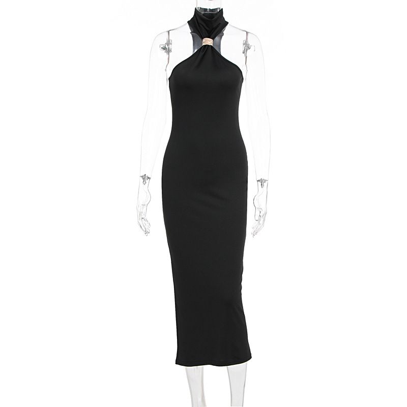 New Fashion Temperament Slimming High Neck Sleeveless Slit Dress For Ladies, Womens Elegant Commuting Party Evening Dress_ecoleips.com