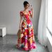 Retro Floral Patchwork Maxi Dress – Elegant Square Neckline, Short Sleeve French Style Dress, Vintage-Inspired Polyester Blend_ecoleips.com