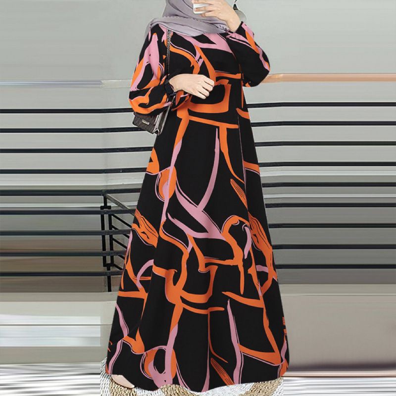 In Stock Cross-Border New Printed Middle Eastern Muslim Malay Full Sleeve Round Neck Robe Long Dress Factory Wholesale_ecoleips.com