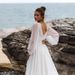 Elegant V-Neck Long Sleeve Chiffon Wedding Dress With Small Train – Boho Beach Bridal Gown For Photoshoot, Flattering High Waist(US2-26W, Ivory/White)_ecoleips.com