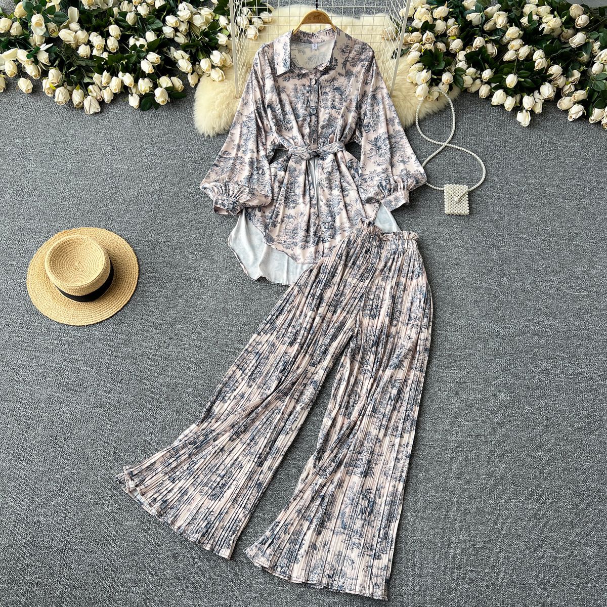 Women's European American Style Long Sleeved Printed Shirt Waist Cinching Tie High Waisted Slimming Pleated Two Piece Set_ecoleips.com