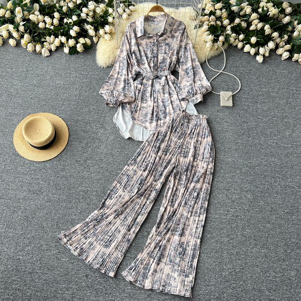 Women's European American Style Long Sleeved Printed Shirt Waist Cinching Tie High Waisted Slimming Pleated Two Piece Set_ecoleips.com