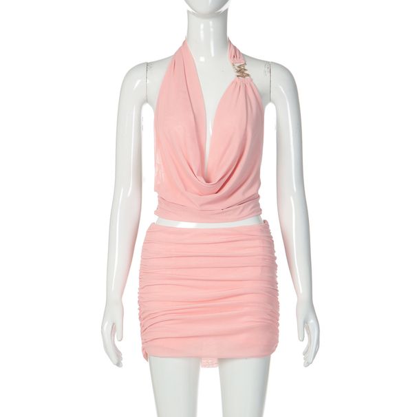 Women's Street Style Patchwork Mesh Top And Mini Skirt Set Sexy Deep V Hollowed Out Design Slim Fit See Through Hip Hugging_ecoleips.com