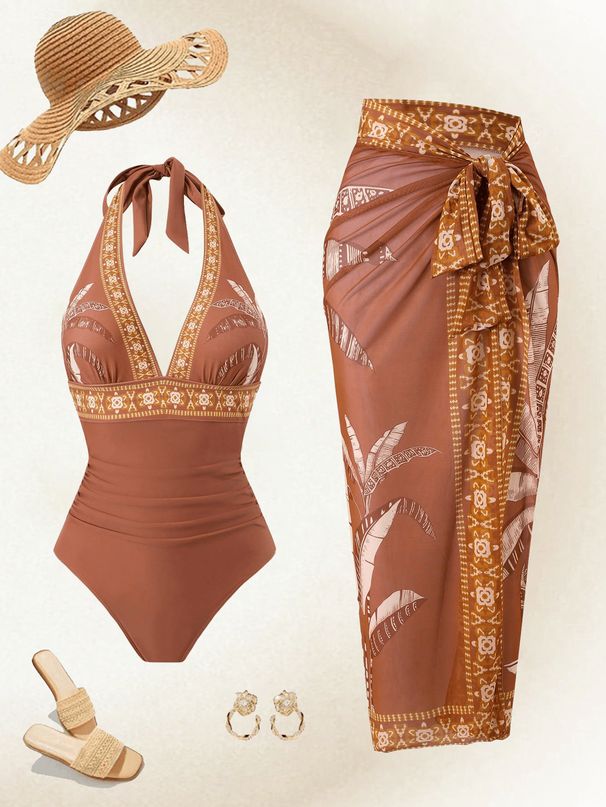 European And American Style Slimming Cross-Over One Piece Swimsuit High-End Beach Set Wrap Skirt in Stock for Women_ecoleips.com