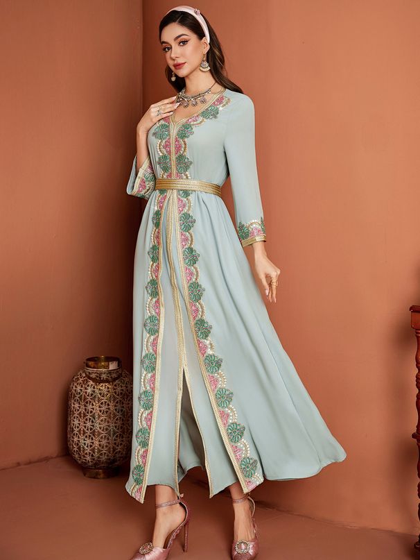 Women's Clothing Elegant Pea Green Lace-Trimmed Dress – Floral Embroidered V-Neck Maxi Dress With Layered Hemline_ecoleips.com