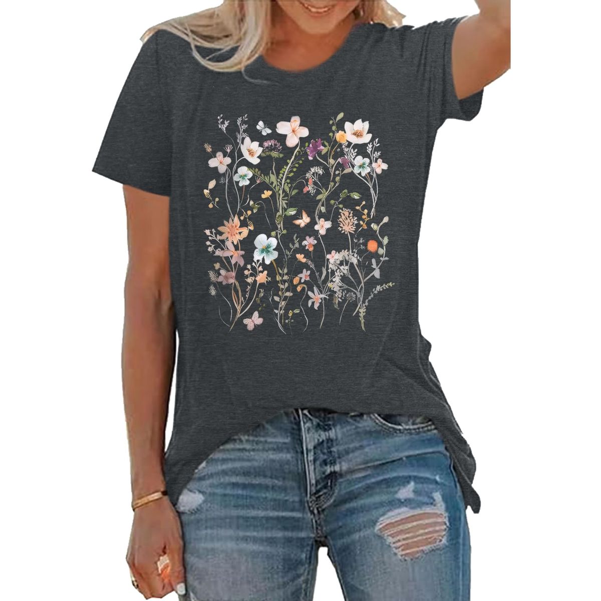 BLACKOO Women Graphic Tee Casual Floral T Shirts_ecoleips.com