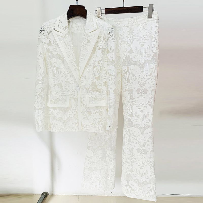 K European And American Fashion New Mesh Heavy Industry Embroidery Sequin Suit Jacket Long Pants Set Two-piece Set_ecoleips.com