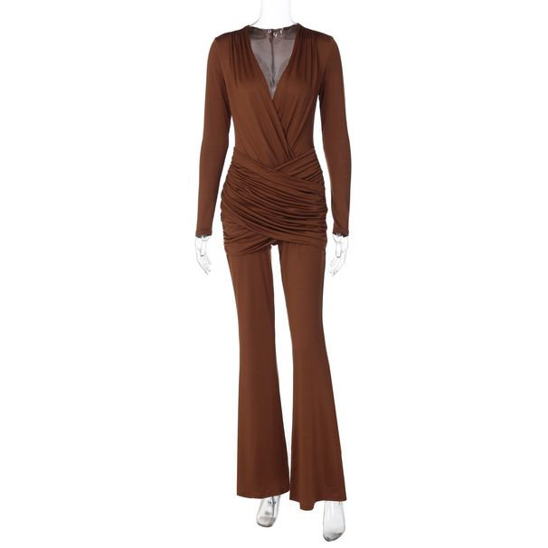 Elegant V-Neck Long Sleeve Jumpsuit - Stretch Fit High Waist Bodycon Romper With Ruffle Detail For Women (Brown & White)_ecoleips.com